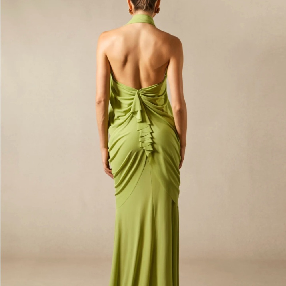 Asymmetrical One-Shoulder Draped Maxi Dress in Lime Green - Picture 4 of 7